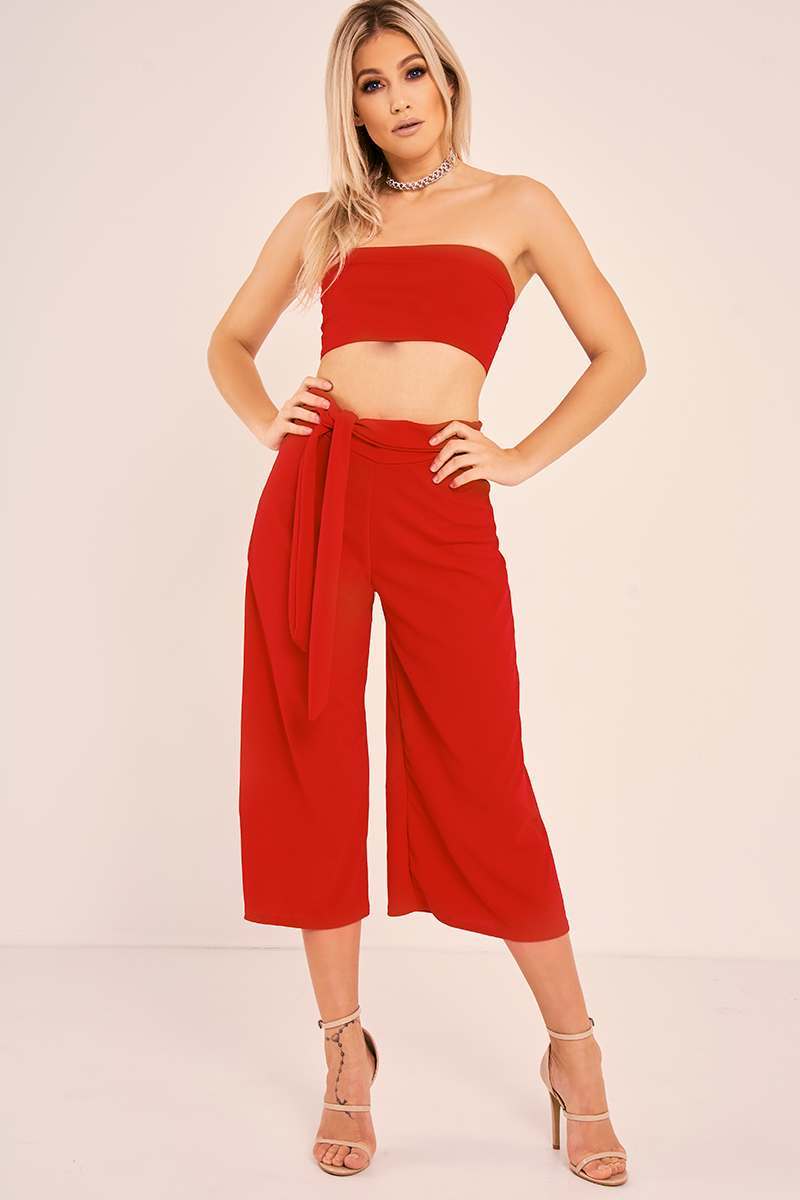 red bandeau crop top and culottes co ord