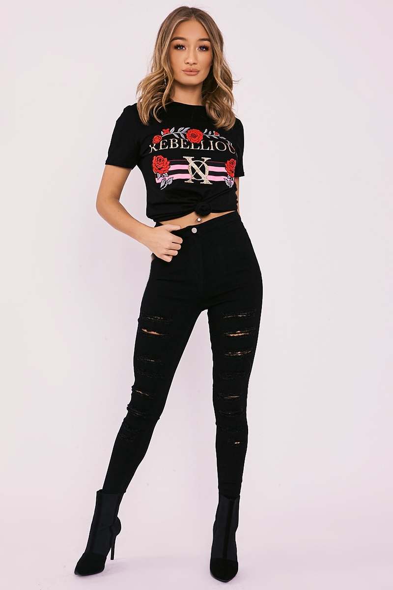 MILLY BLACK MULTI RIP HIGH WAISTED JEANS