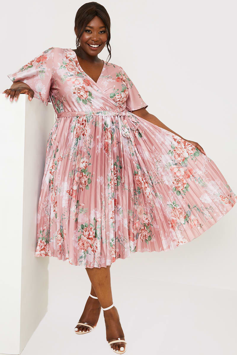 Curve Jac Jossa Blush Floral Print Pleated Wrap Midi Dress | In The Style