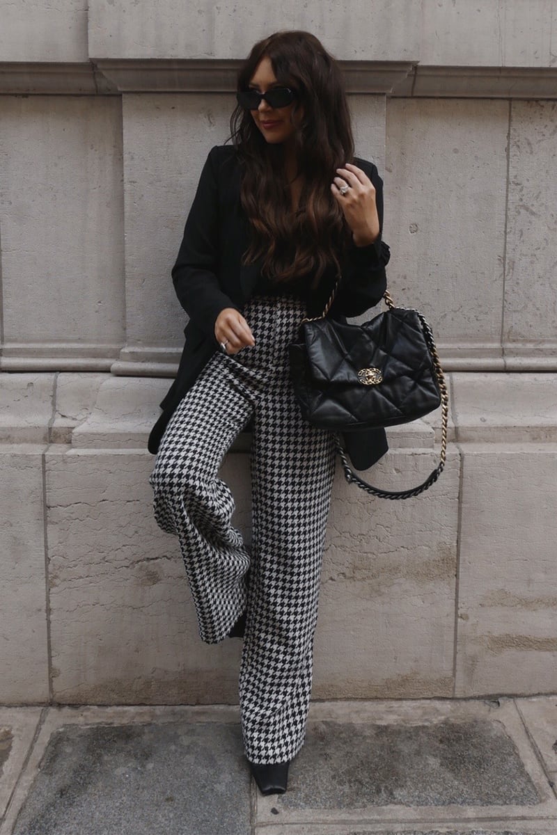 LORNA LUXE BLACK 'CAMBON' HOUNDSTOOTH TAILORED WIDE LEG TROUSERS