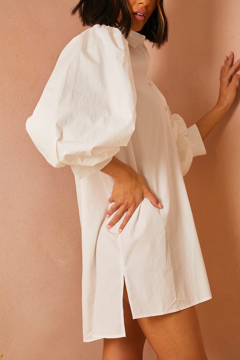 LORNA LUXE WHITE 'SAVOIR' POPLIN EXAGGERATED SLEEVE SHIRT DRESS
