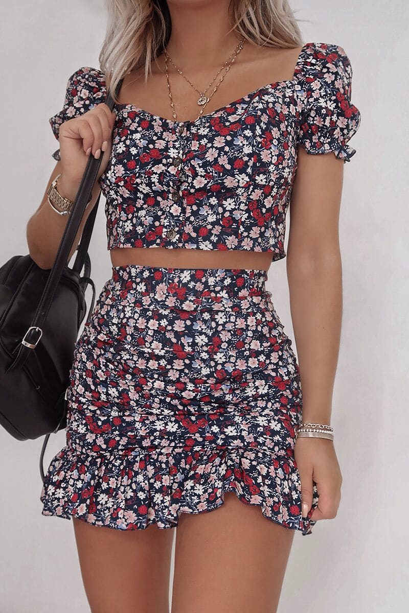 FASHION INFLUX NAVY FLORAL RUCHED FRILL MINI SKIRT
