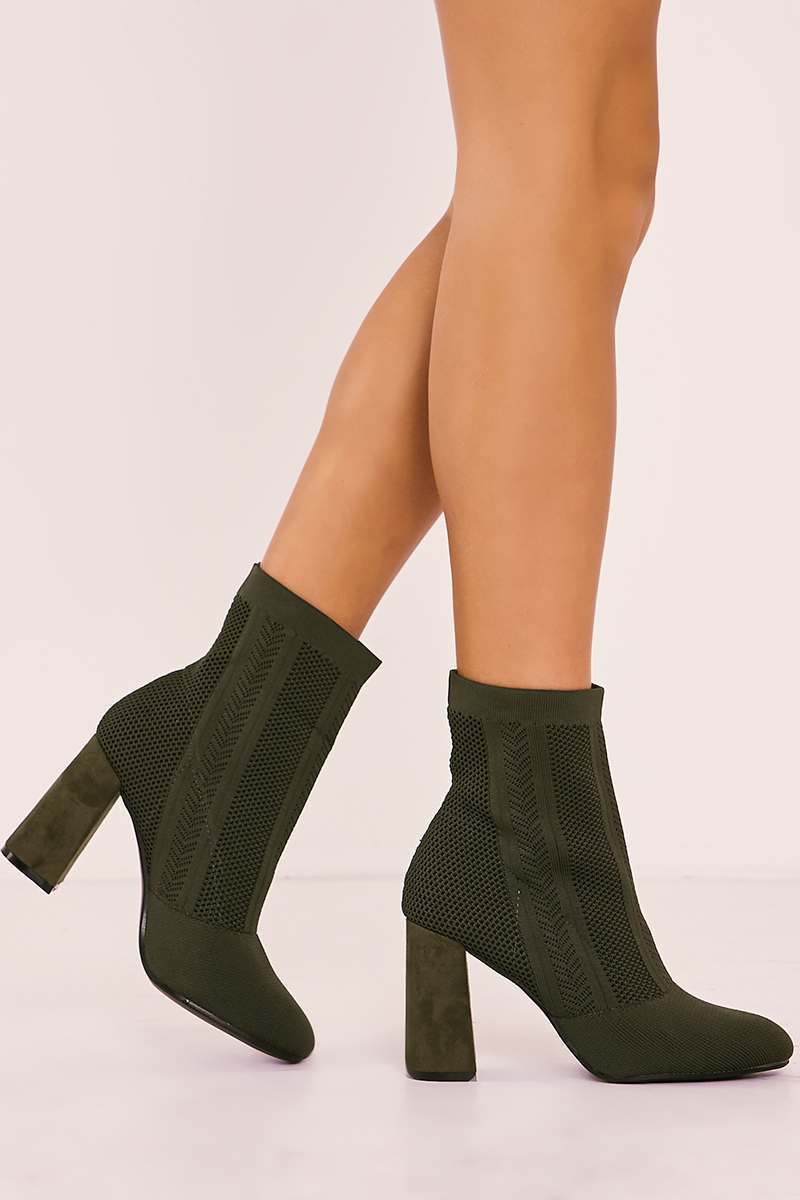 khaki knitted block heel boots