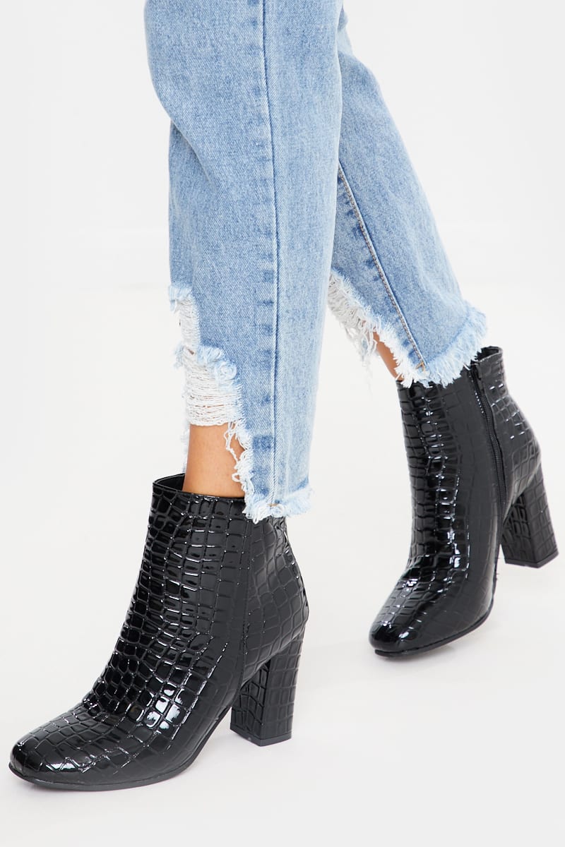 black croc patent heeled ankle boots