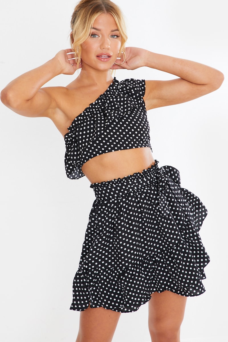 black polka dot frill crop top and mini skirt co ord