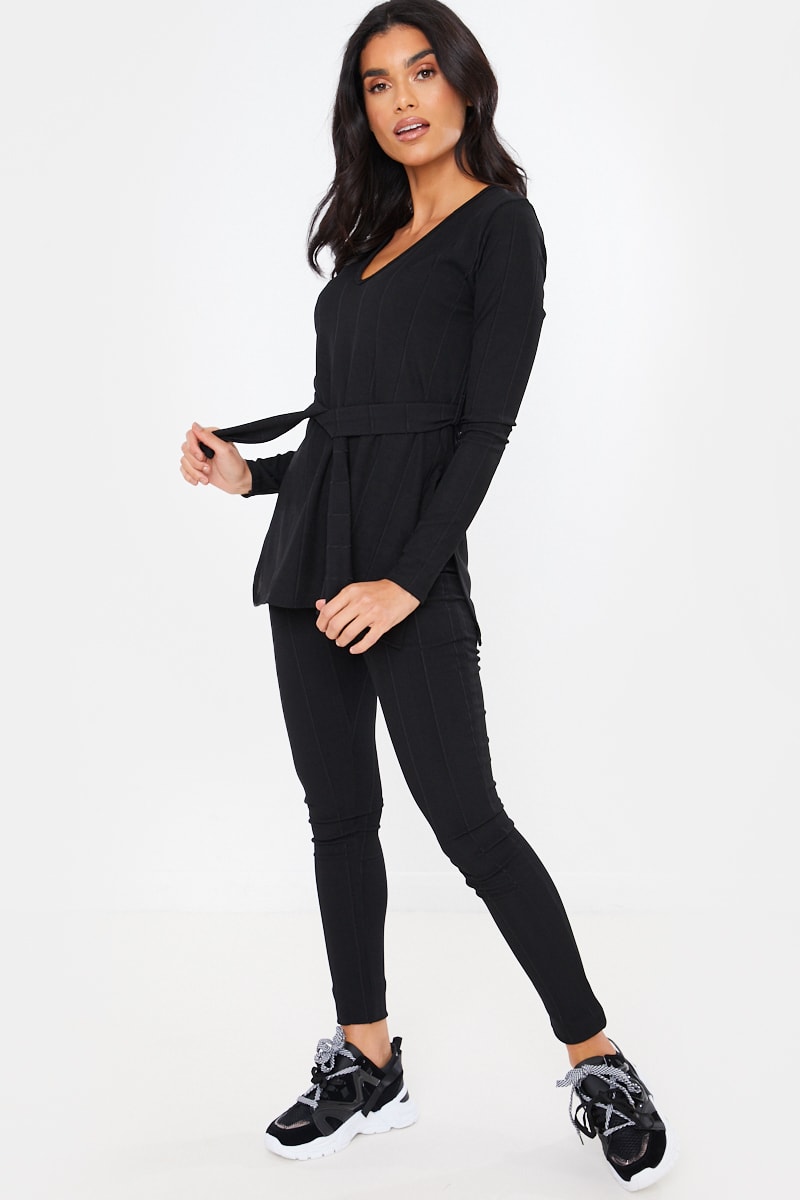 BLACK RIBBED V NECK TIE FRONT DETAIL TOP AND BOTTOMS LOUNGEWEAR SET