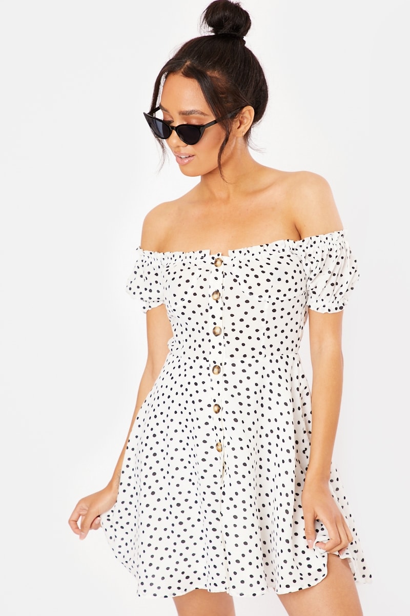 white polka button through mini dress