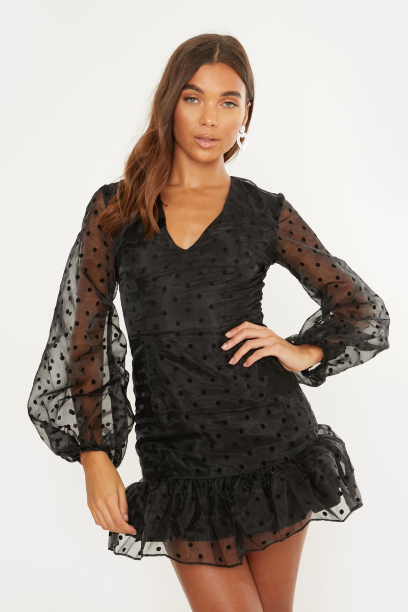 black polka organza puff sleeve dress
