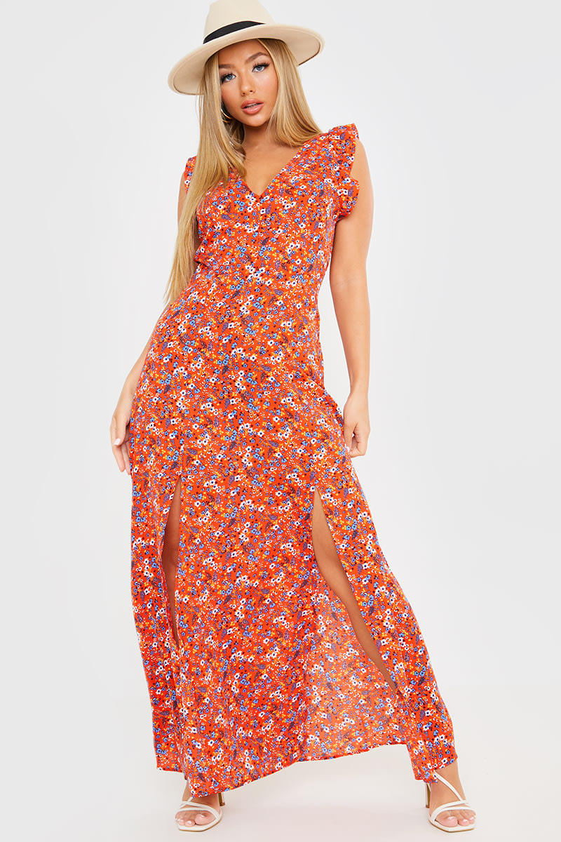 Orange Ditsy Floral Split Front Maxi Dress | In The Style