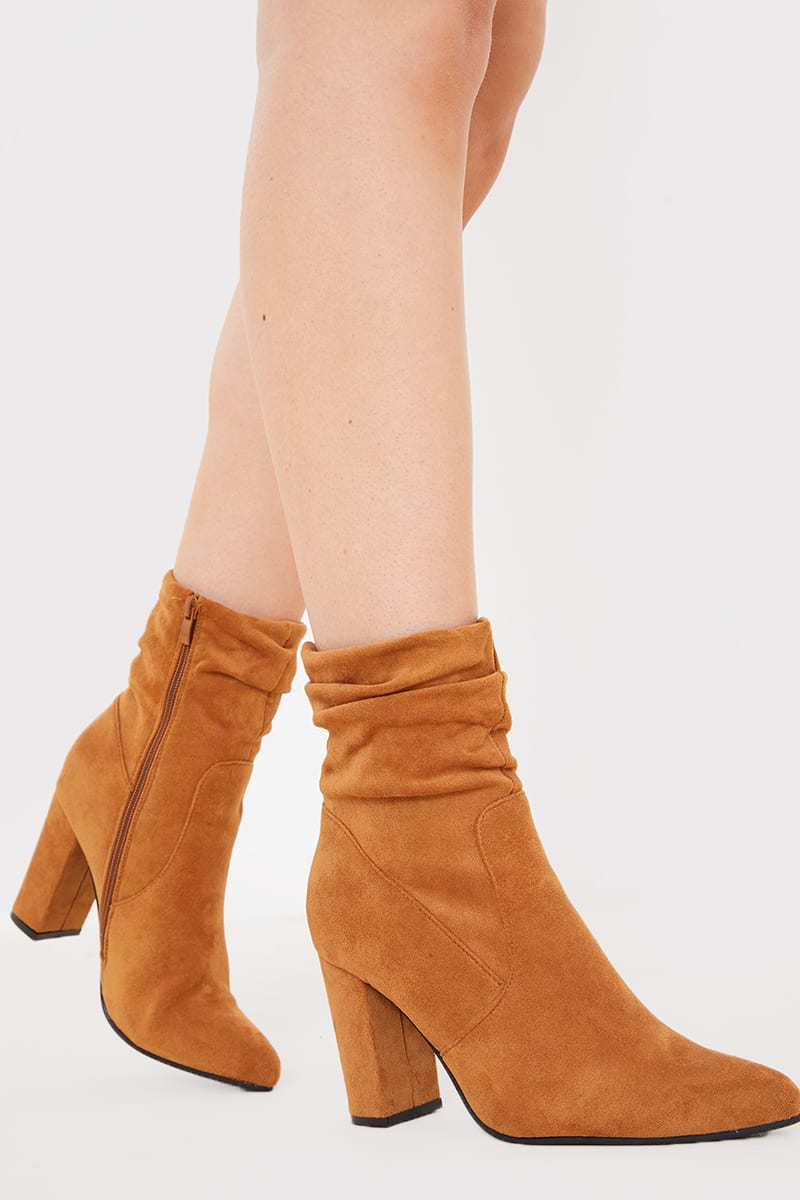 Tan Ruched Suedette Heeled Ankle Boots 