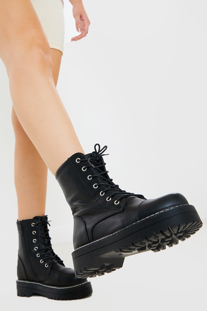 Black Lace Up Biker Boot | In The Style