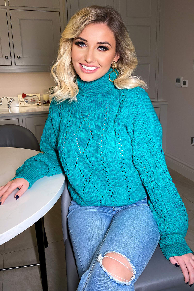 JADE GREEN CABLE ROLL NECK CROPPED JUMPER