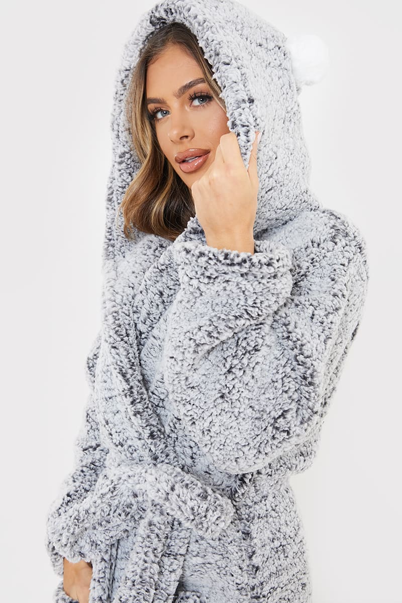 Pale Grey Fluffy Leopard Print Trim Hooded Dressing Gown  New Look