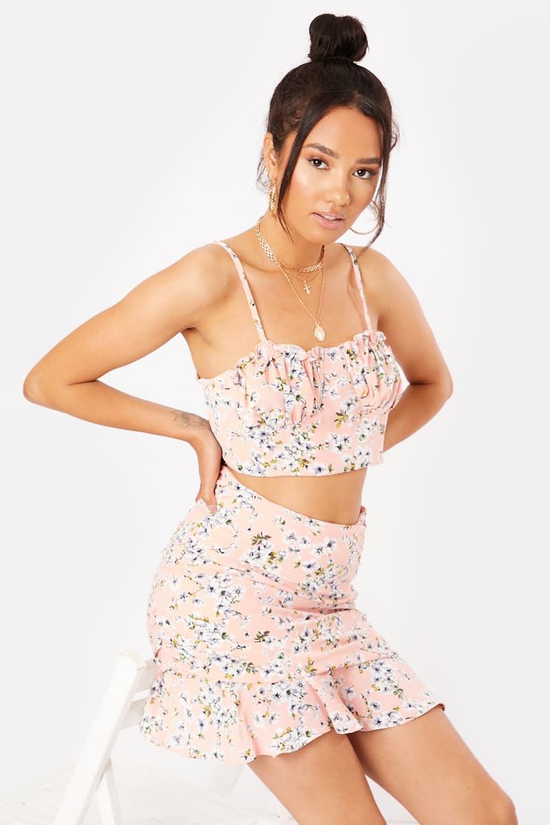 pink floral ruched co-ord crop top