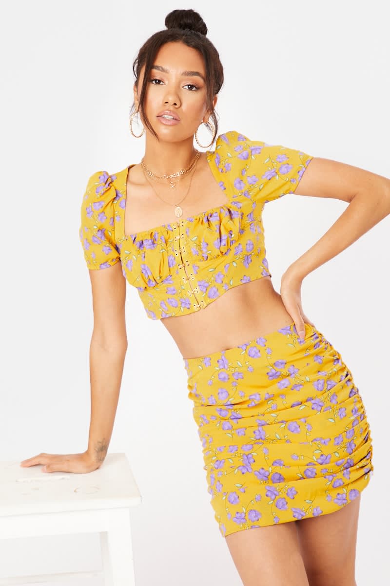 yellow floral hook and eye milkmaid co-ord crop top