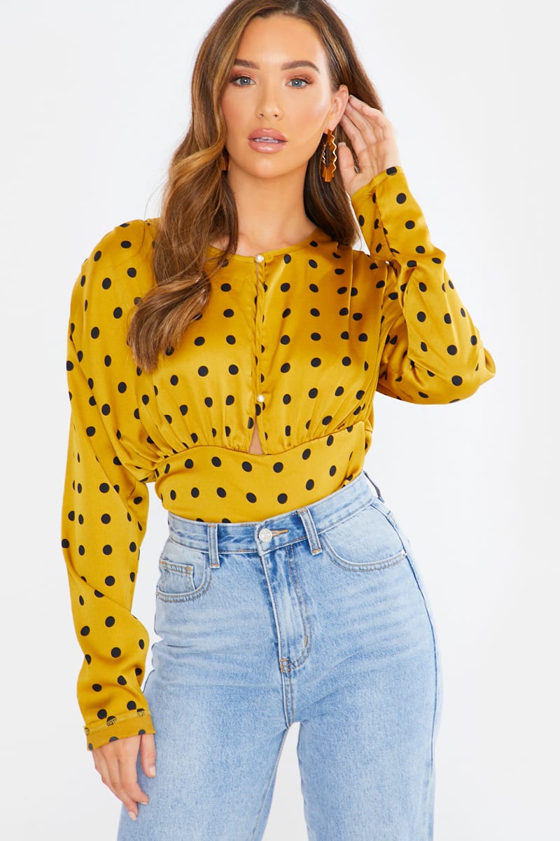 mustard polka dot satin button front blouse