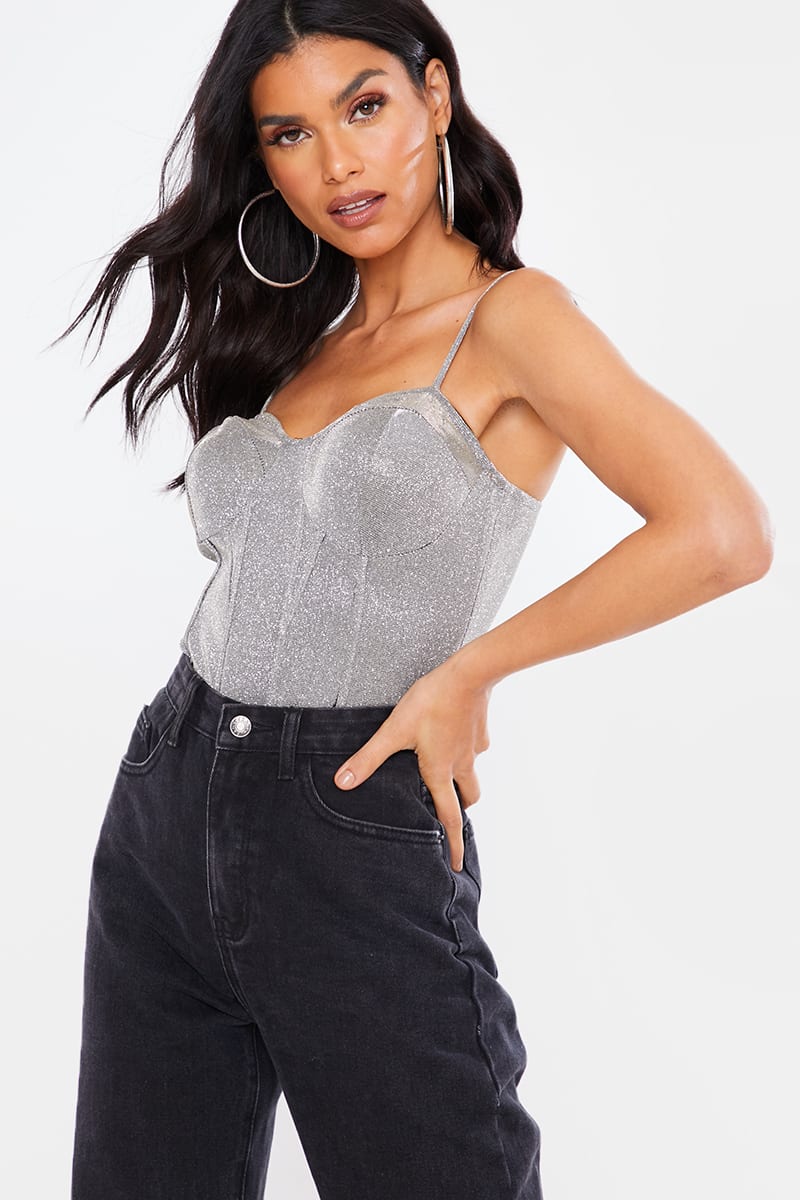 SILVER METALLIC PANELLED CUPPED BODYSUIT
