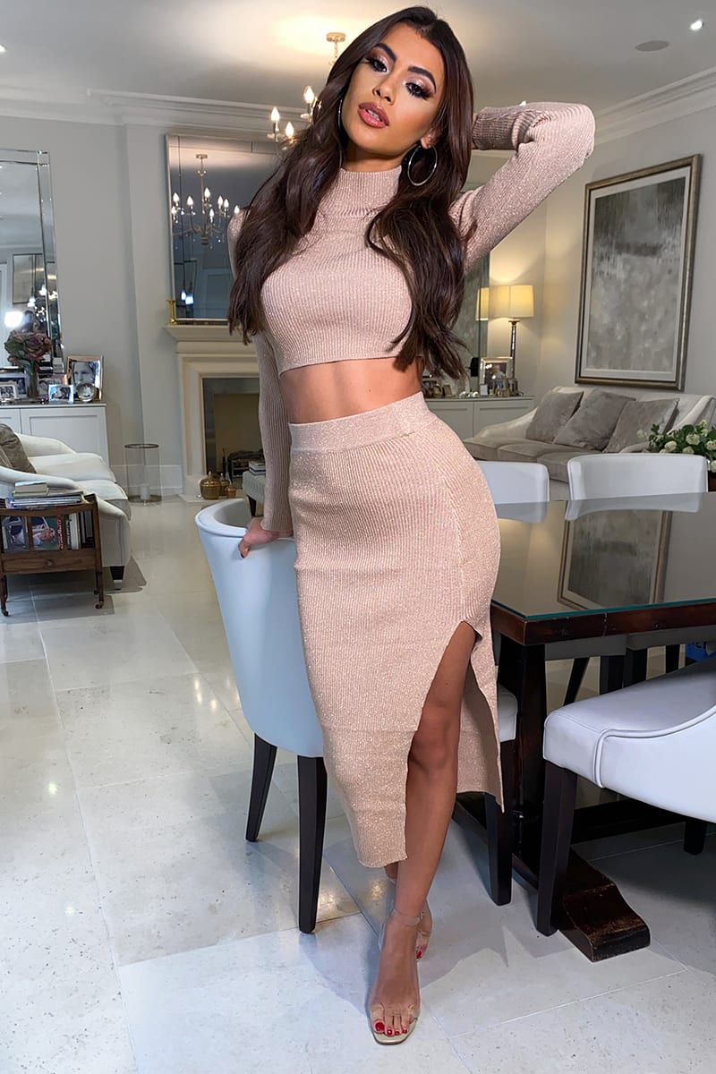 GOLD LUREX ROLL NECK CROP TOP AND MIDI SKIRT CO-ORD