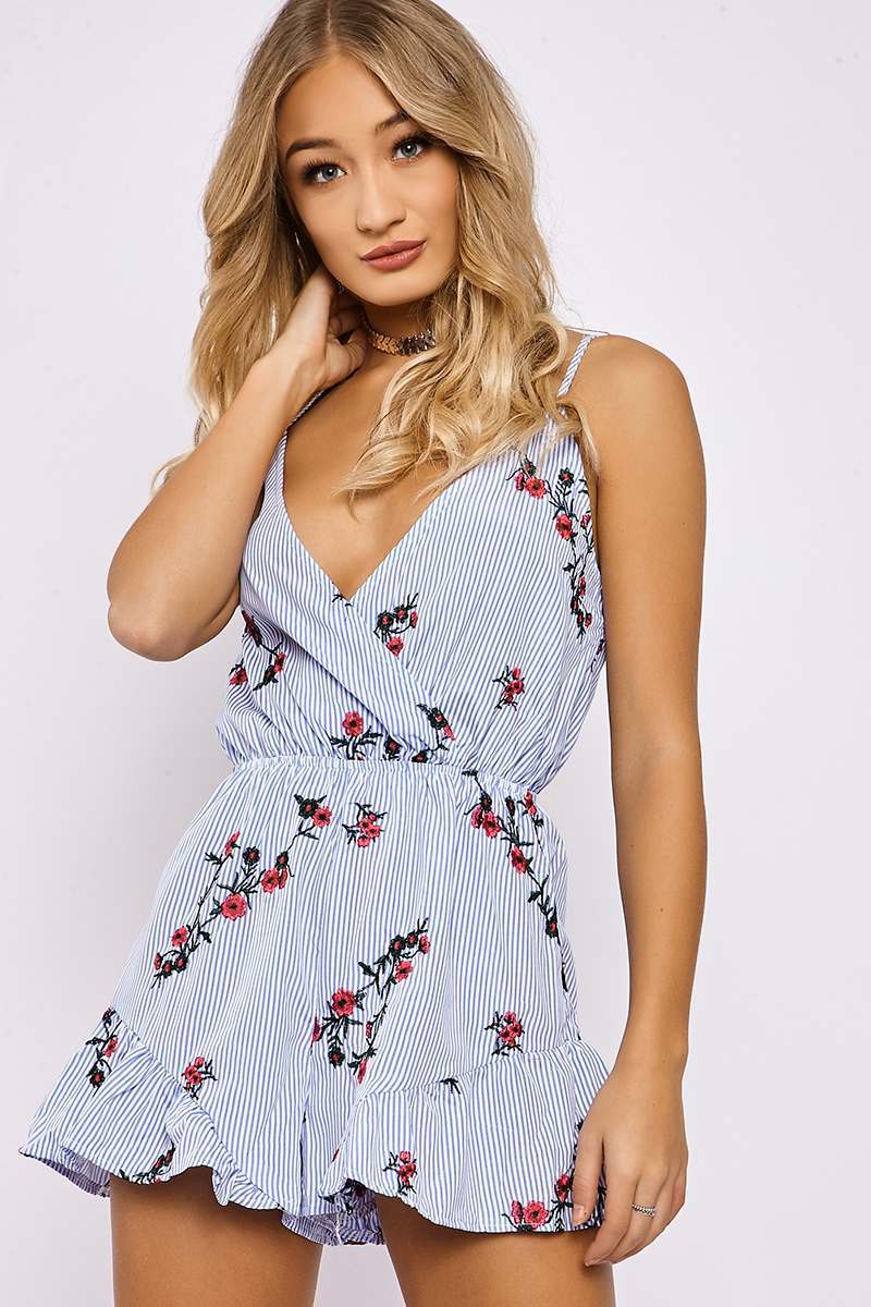 blue striped floral embroidered wrap front playsuit