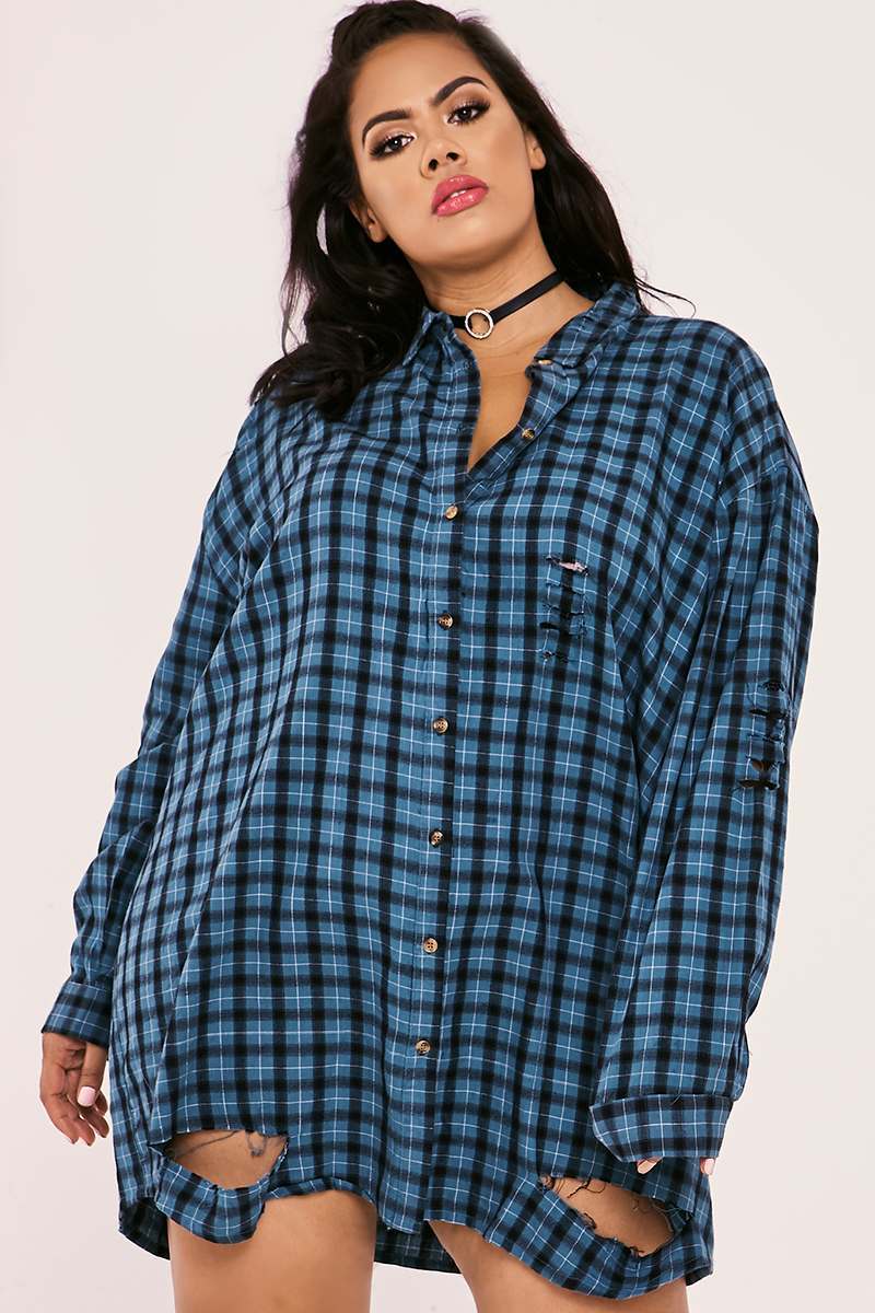 CURVE SARAH ASHCROFT TEAL CHECKED OVERSIZED SHIRT 
