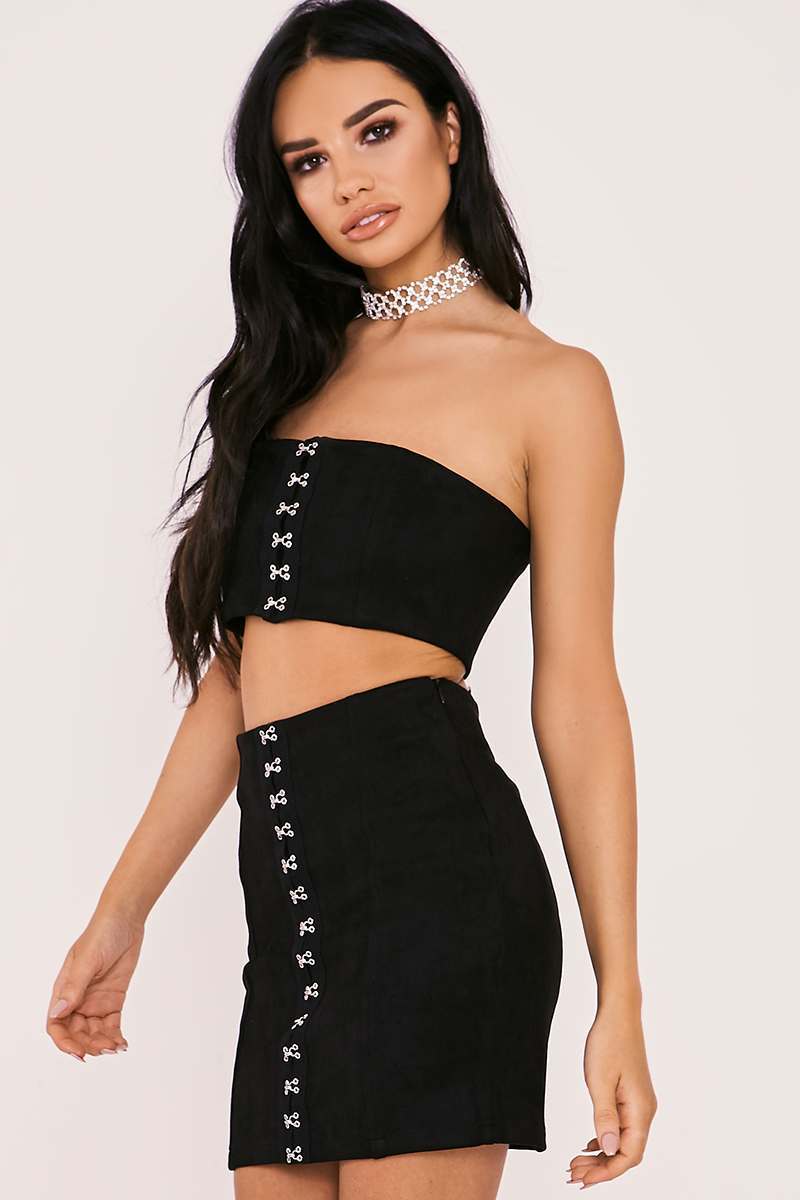 black faux suede hook and eye co-ord mini skirt