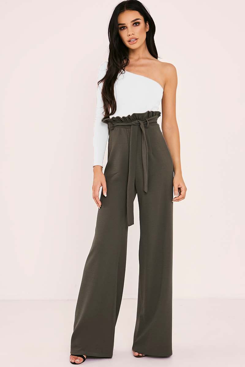 tall khaki flared high waisted paperbag trousers