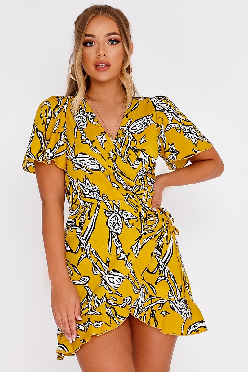 BILLIE FAIERS YELLOW ABSTRACT FLORAL WRAP FRONT MINI DRESS