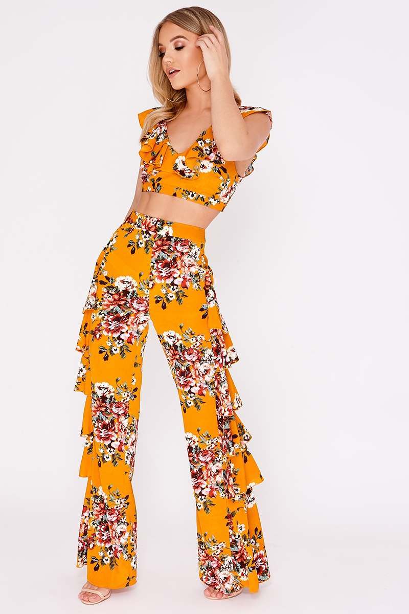 BILLIE FAIERS MUSTARD FLORAL FRILL SIDE PALAZZO TROUSERS