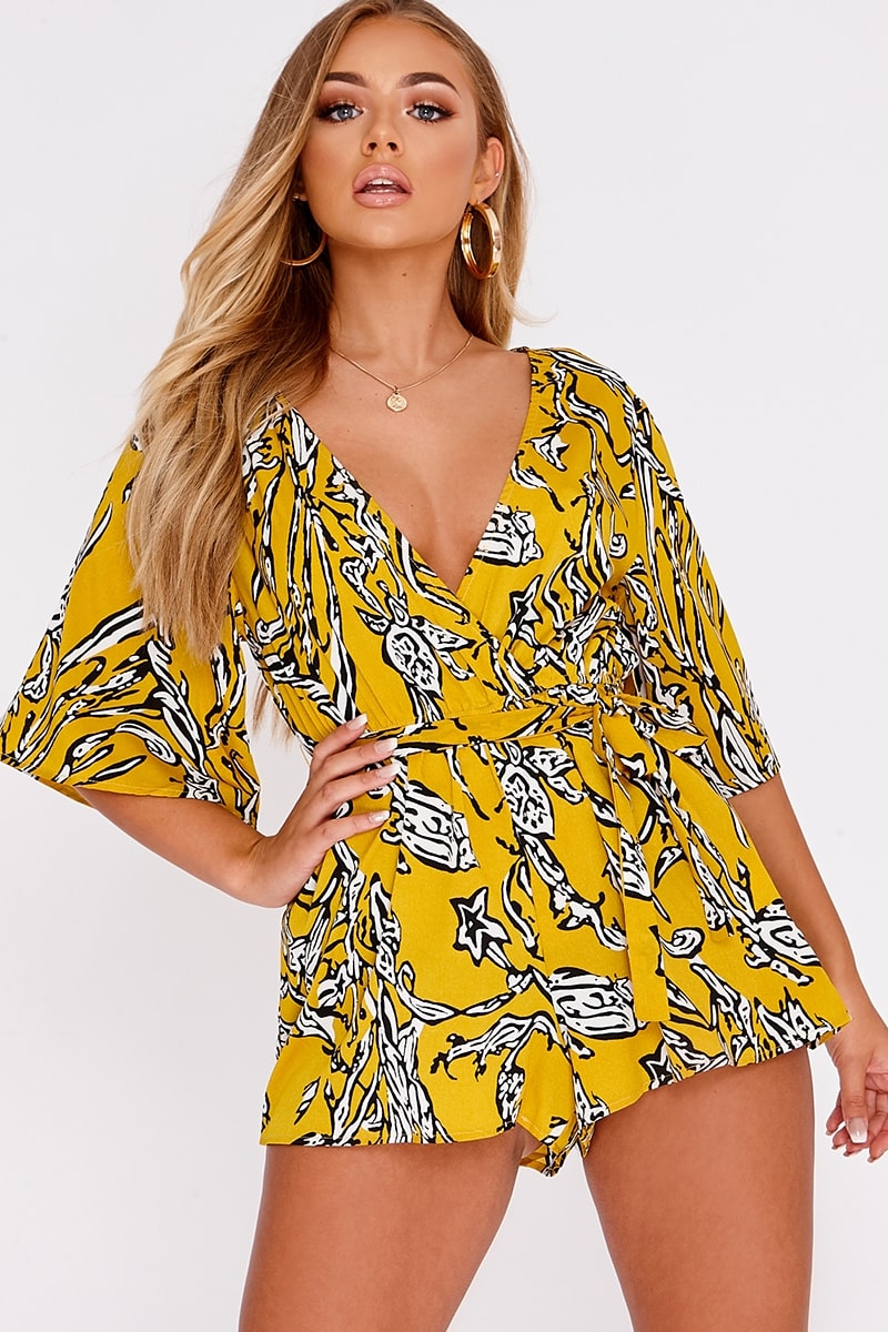 BILLIE FAIERS YELLOW ABSTRACT FLORAL WRAP FRONT PLAYSUIT