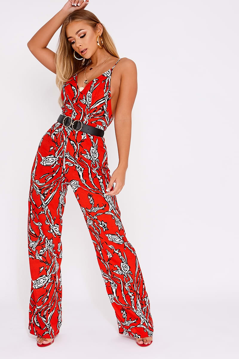 BILLIE FAIERS RED ABSTRACT FLORAL STRAPPY PLUNGE JUMPSUIT
