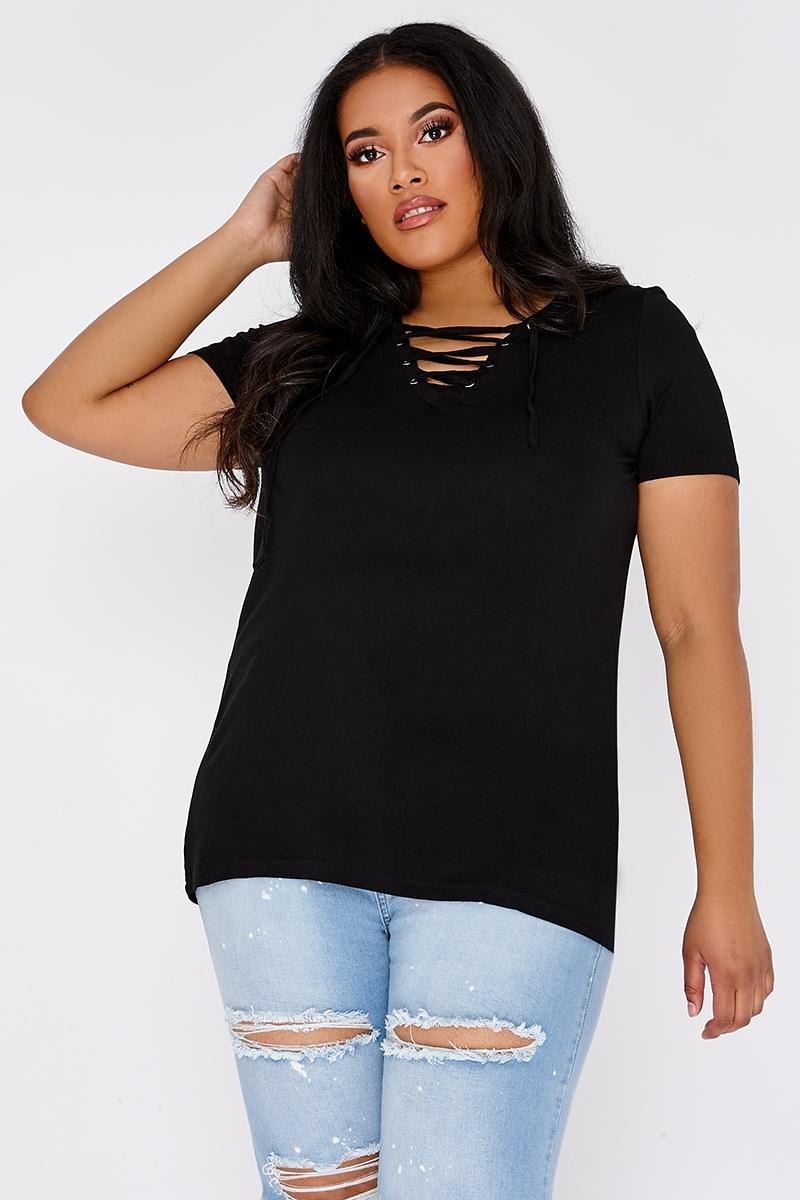 CURVE KALLY BLACK LACE UP FRONT TSHIRT
