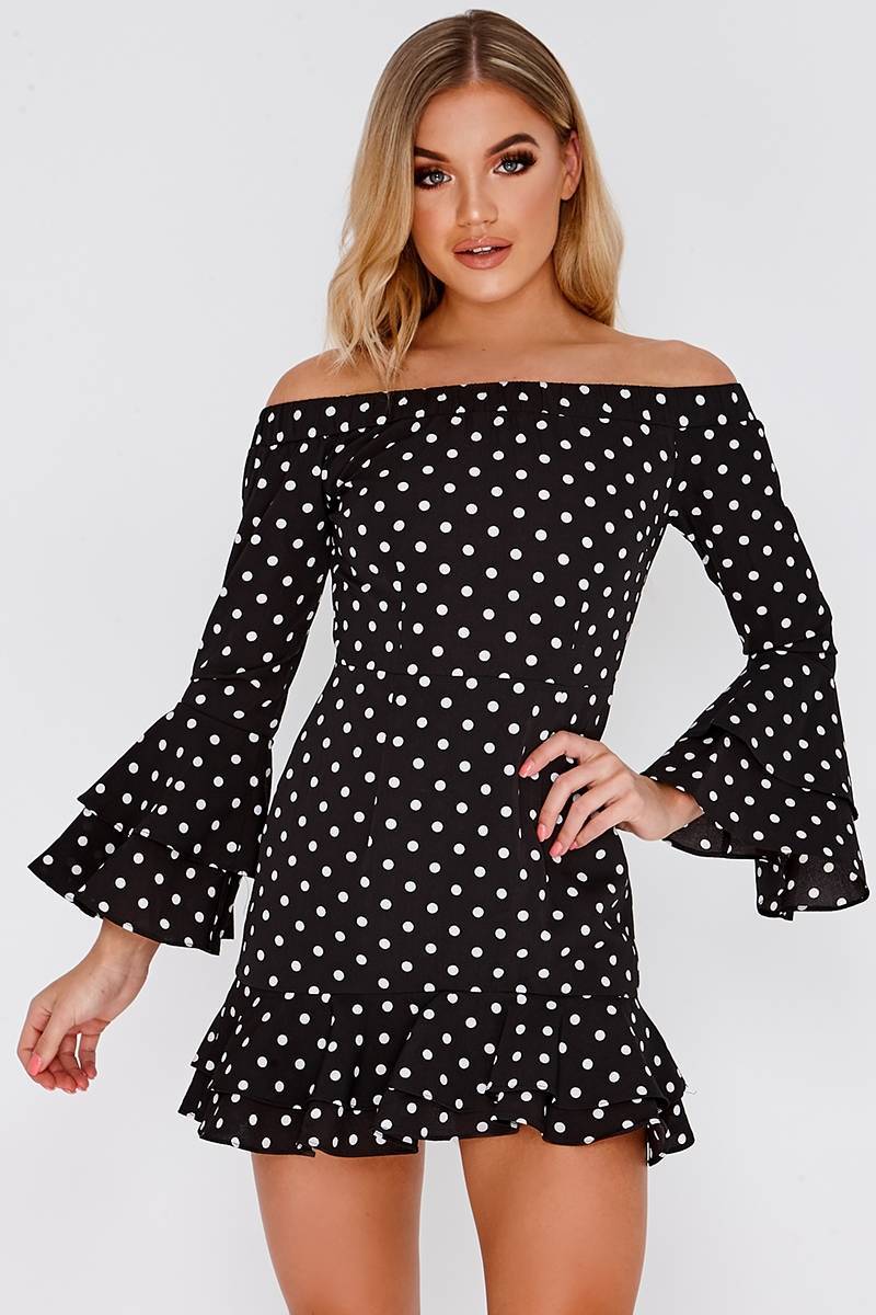 black polka dot frill bardot dress
