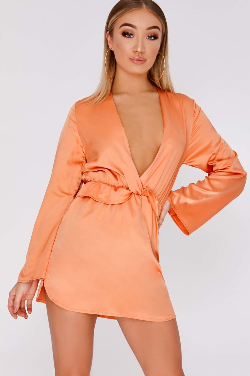 orange satin plunge frill dress