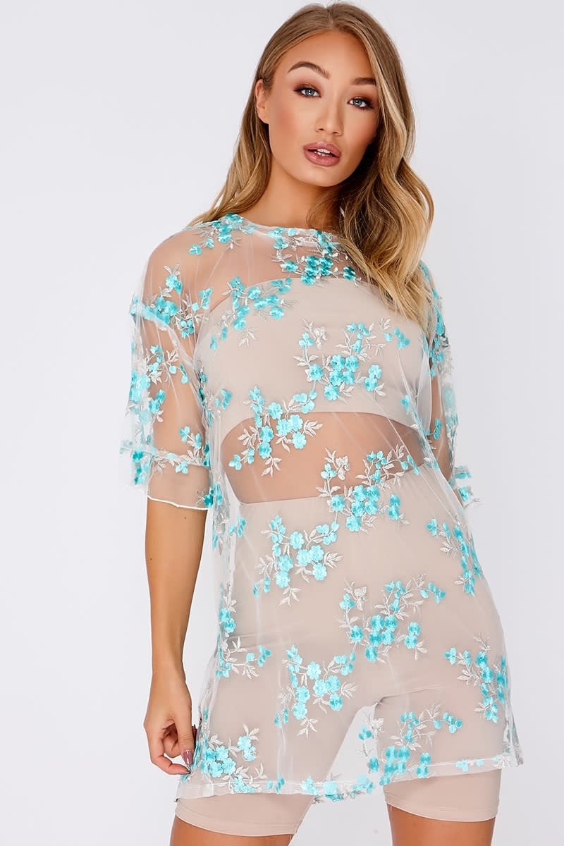 mint floral mesh oversized t shirt dress