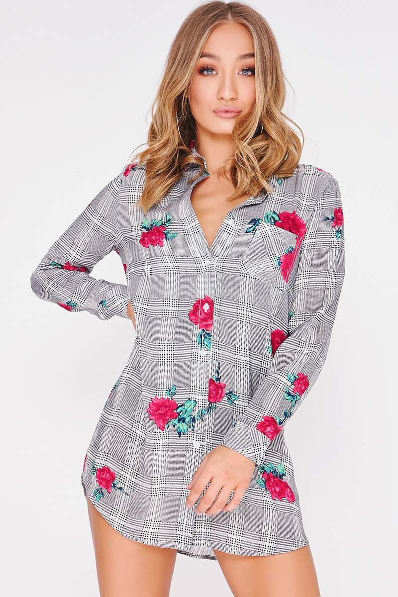 rose print checked shirt dress