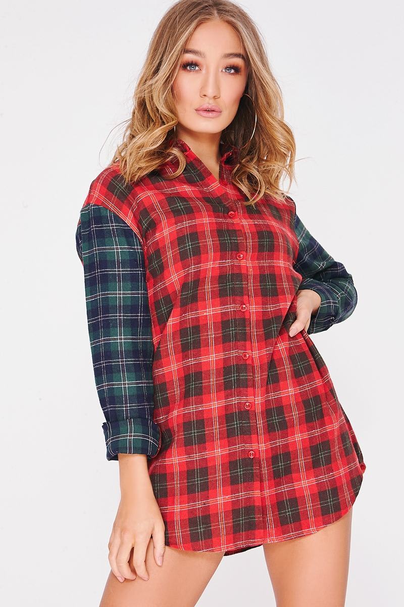 BYANCA RED CHECKED CONTRAST SLEEVE SHIRT DRESS