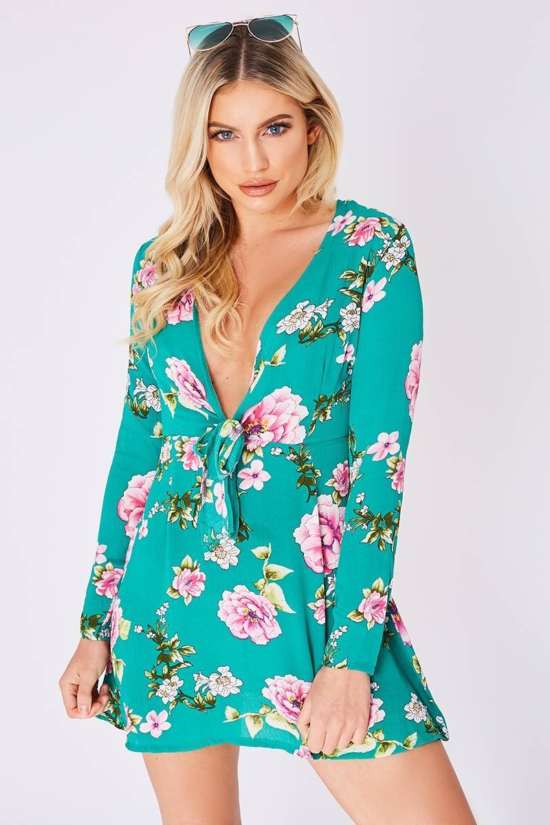 DADE GREEN FLORAL TIE FRONT DRESS
