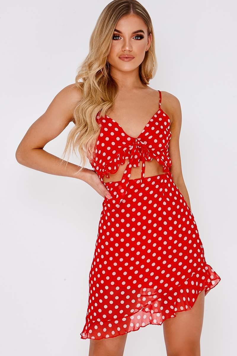 red polka dot cut out assymetric dress