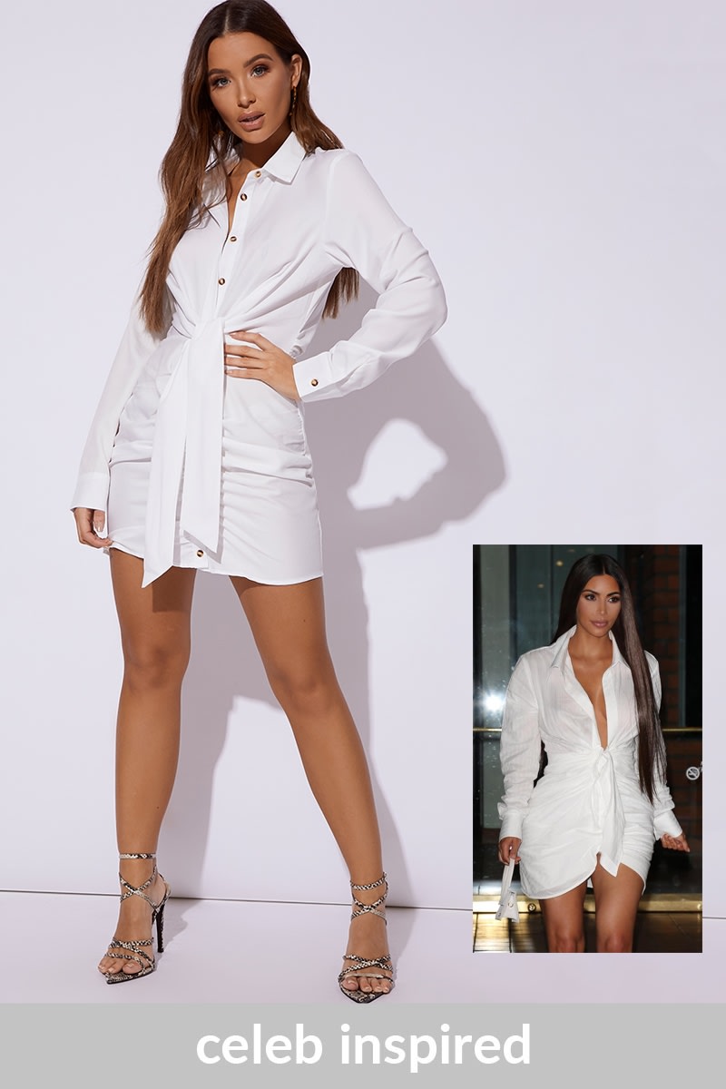 DAWNI WHITE TIE FRONT RUCHED SHIRT DRESS