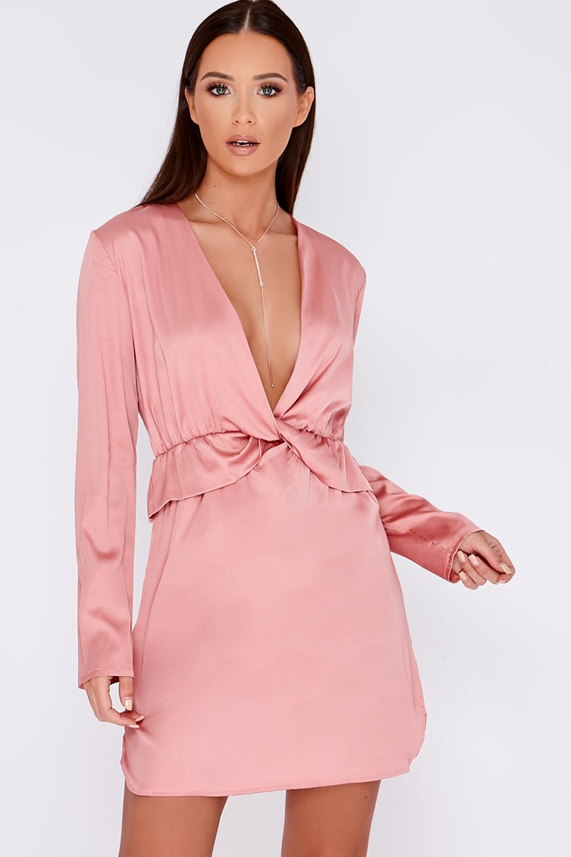 rose pink satin frill wrap dress
