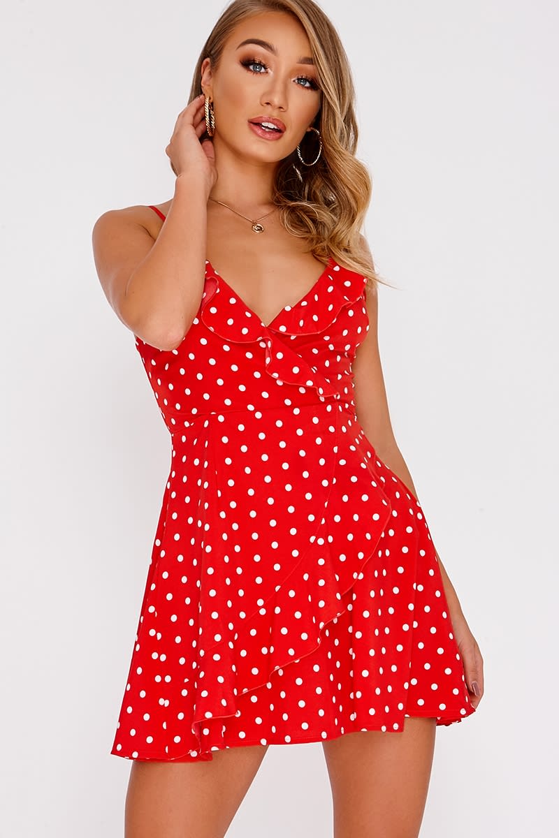 red polka dot wrap frill mini dress