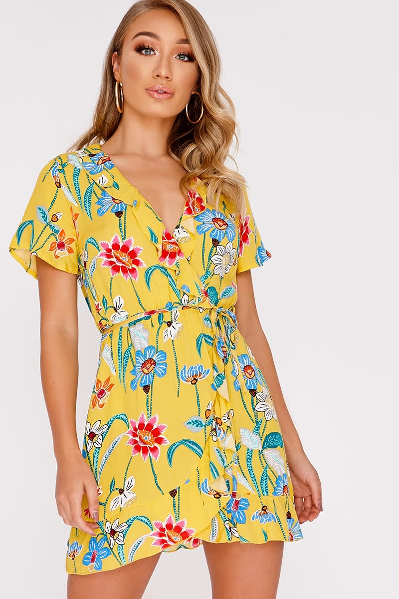 CHARLEE YELLOW FLORAL PLUNGE FRILL WRAP DRESS