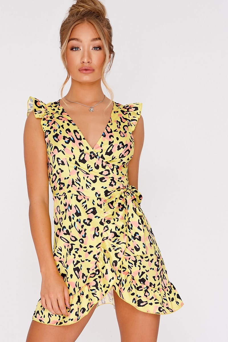 yellow satin leopard print frill wrap dress