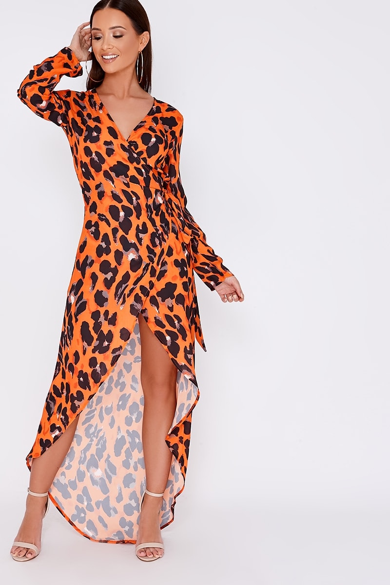 orange leopard print wrap maxi dress