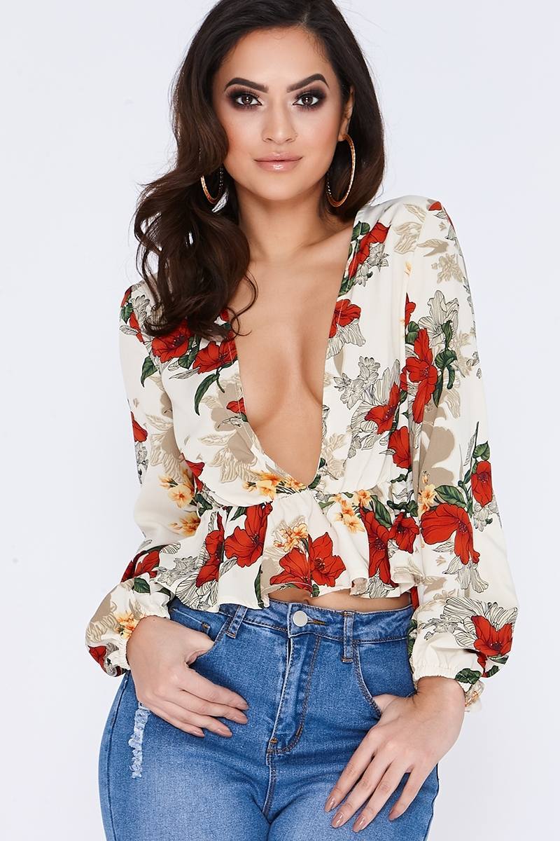 cream floral long sleeve plunge top