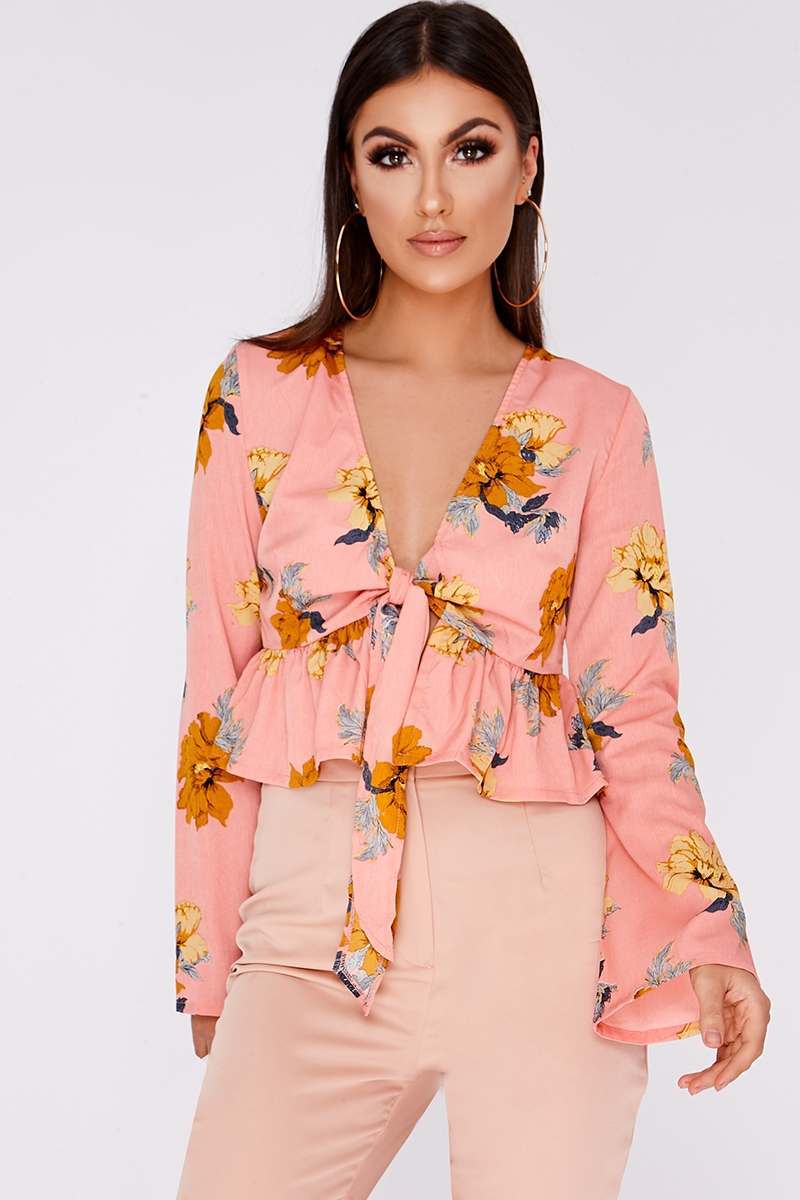 pink floral tie front blouse