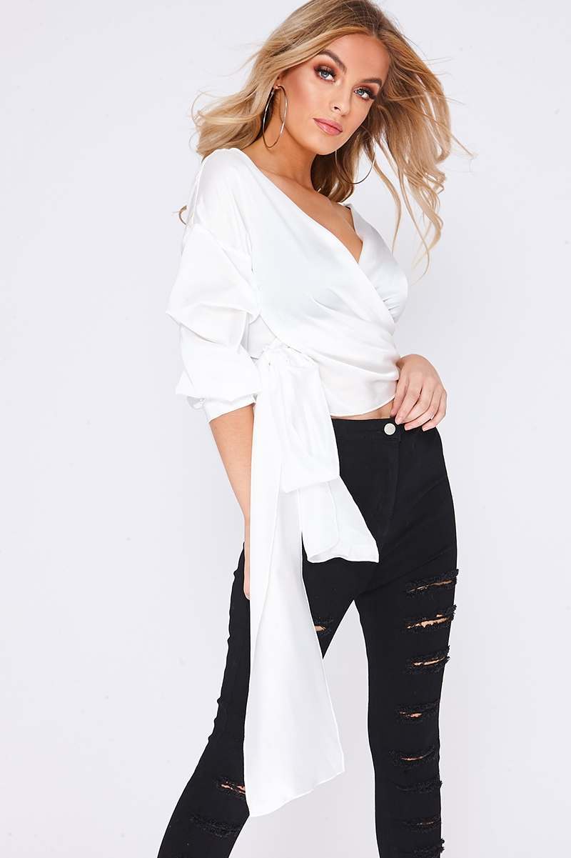 white ruched detail sleeve tie front top