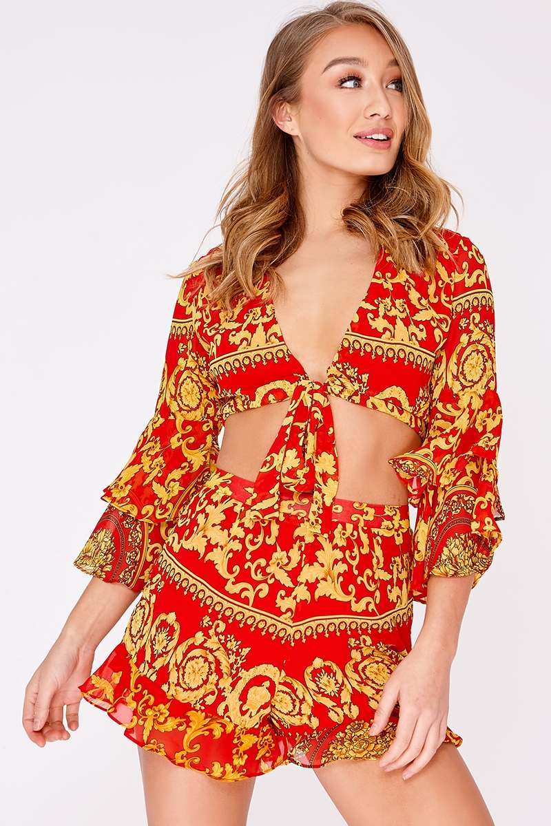 red chain print frill sleeve tie front crop top