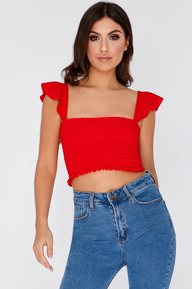 KAILYN RED SHIRRED FRILL SLEEVE CROP TOP