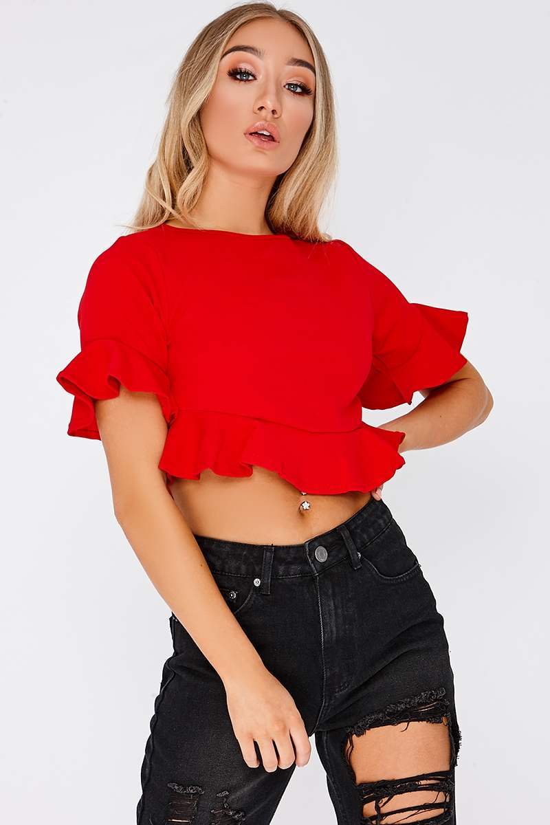 red frill sleeve crop top